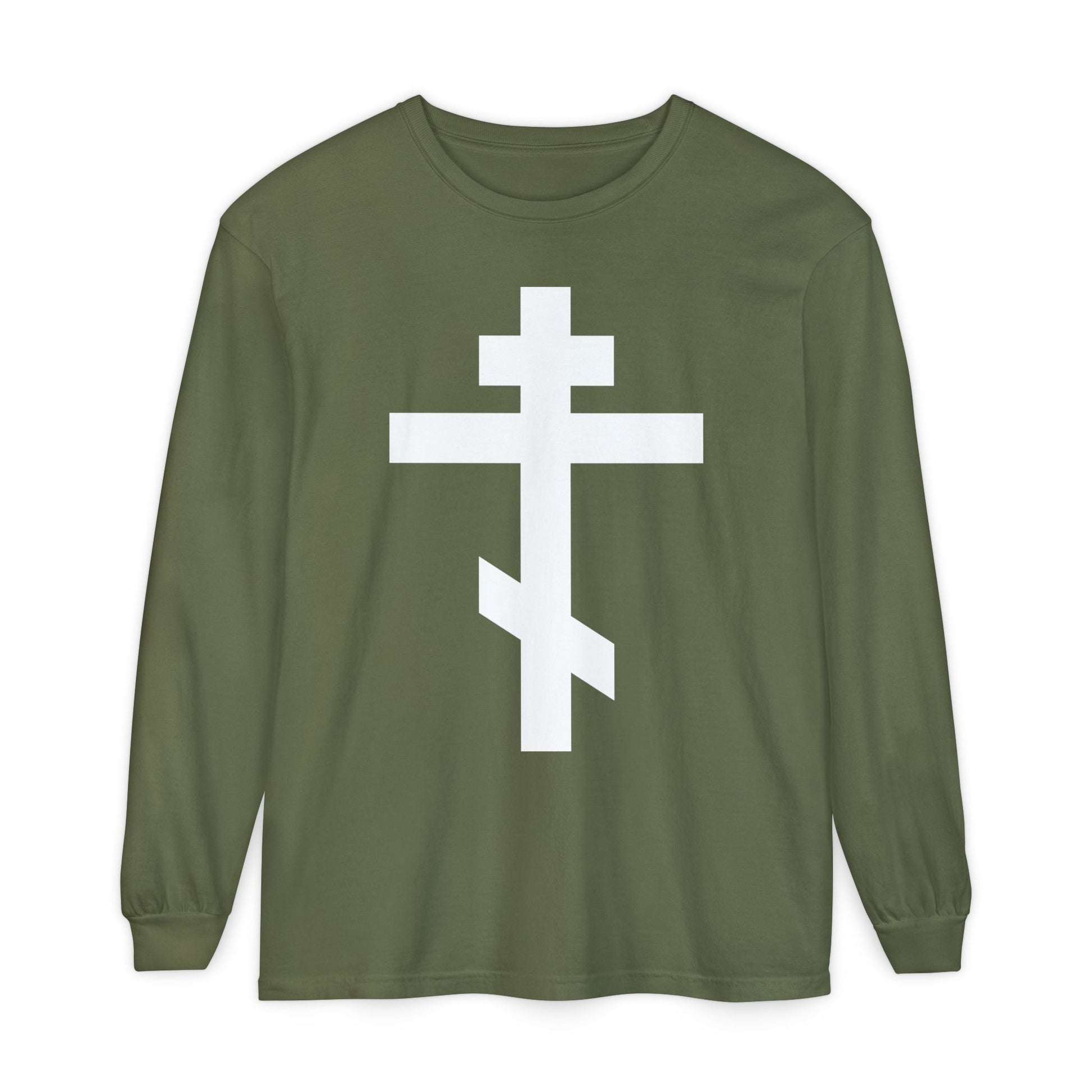 Hemp long-sleeve shirt featuring a large white Orthodox Cross and the quote, "May I never boast, except in the cross of our Lord Jesus Christ" (Gal 6:14). Inspired by St. John of Kronstadt’s message of salvation.
