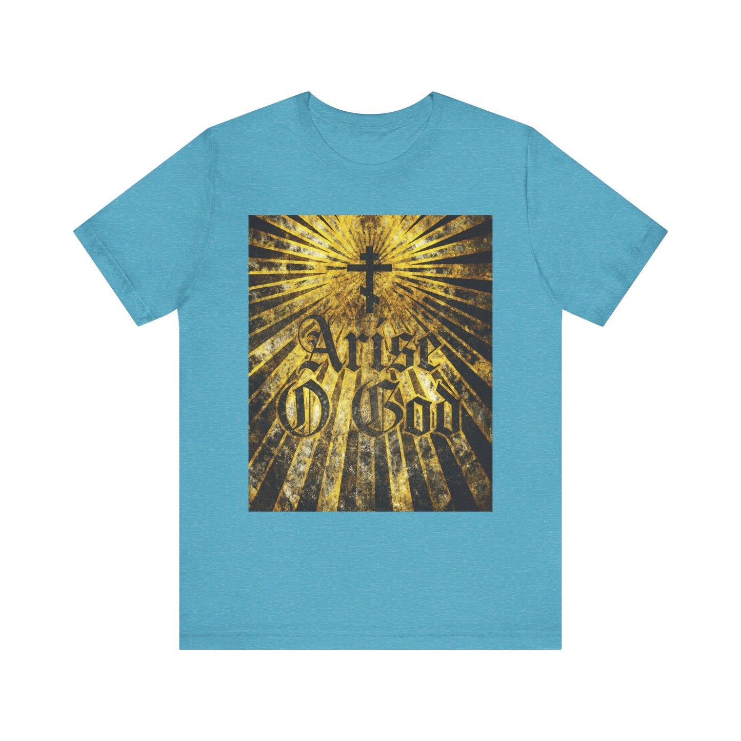 Heather aqua unisex t-shirt with golden rays, Orthodox cross, and "Arise O God" in textured Gothic font—referencing Psalm 81 (82 LXX) and the Divine Council theme explored by Fr. Stephen De Young. Lightweight cotton.
