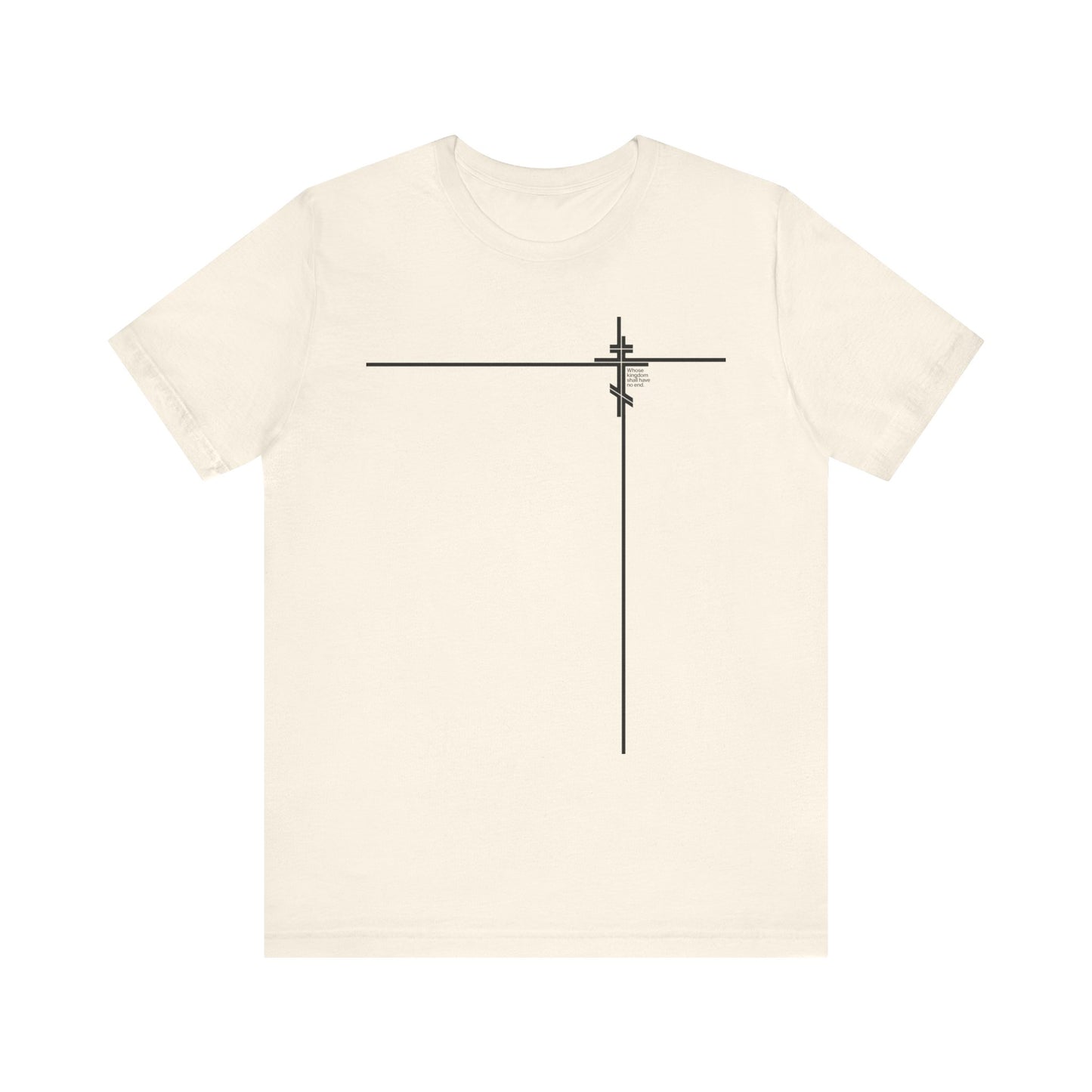 A natural-colored unisex t-shirt featuring a minimalist Orthodox cross and geometric abstract design on the upper left chest, subtly inspired by motifs from Orthodox doctrine. Named "Whose Kingdom Shall Have No End (Small Design)" and referencing Luke 1:32-33, this lightweight cotton shirt offers a modern logo style.