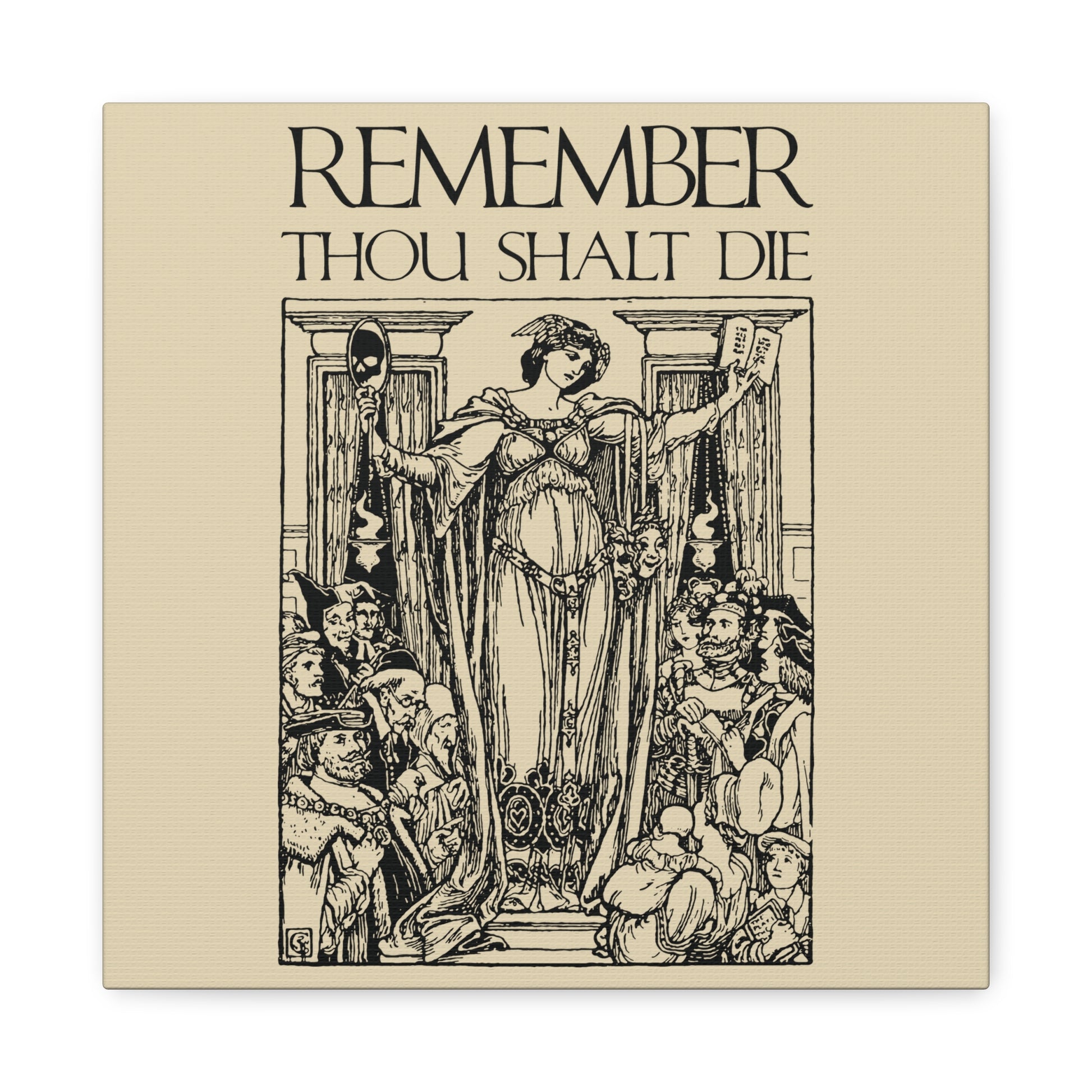 Art print featuring a Shakespearean Memento Mori design—classic woodcut-style woman with mirror and book—captioned "Remember You Will Die." A thoughtful Christian wall art piece for daily reflection on life’s transience.