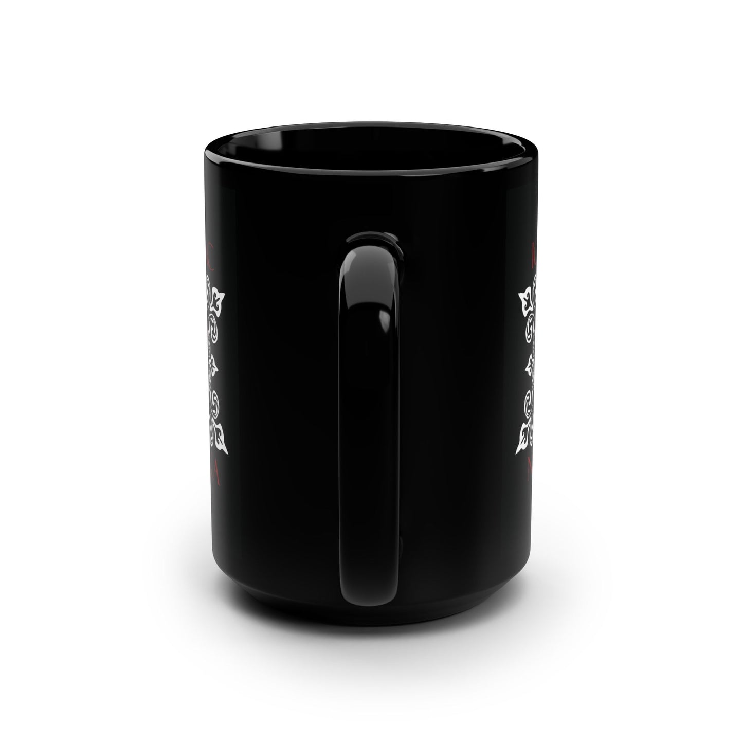 ICXC / NIKA Red Orthodox Cross on Ornate White Medieval Floral Design | Exclusive Best-Selling | Orthodox Christian Black Mug