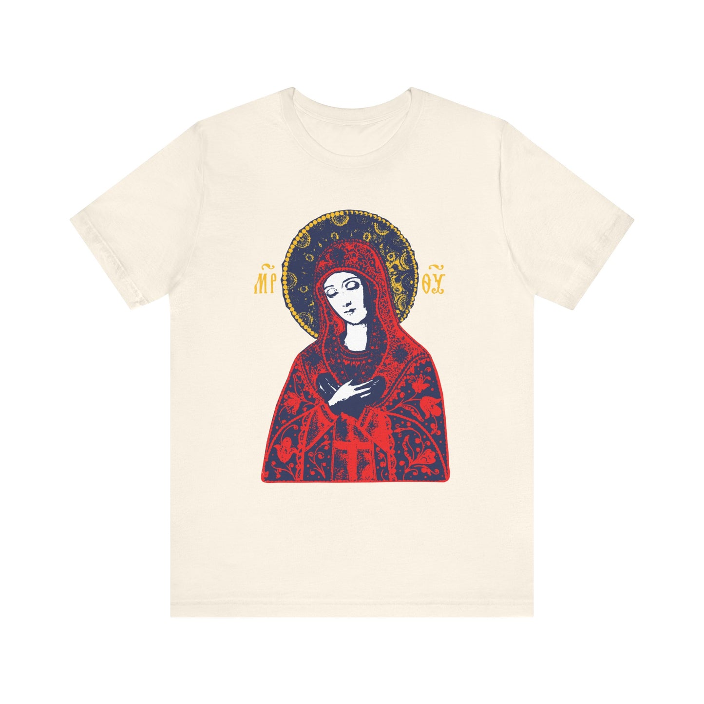 Natural cotton t-shirt featuring the "Joy of All Joys Tenderness Theotokos" icon, inspired by traditional Orthodox Christian iconography, showing a haloed woman with folded hands radiating grace. Unisex and lightweight.