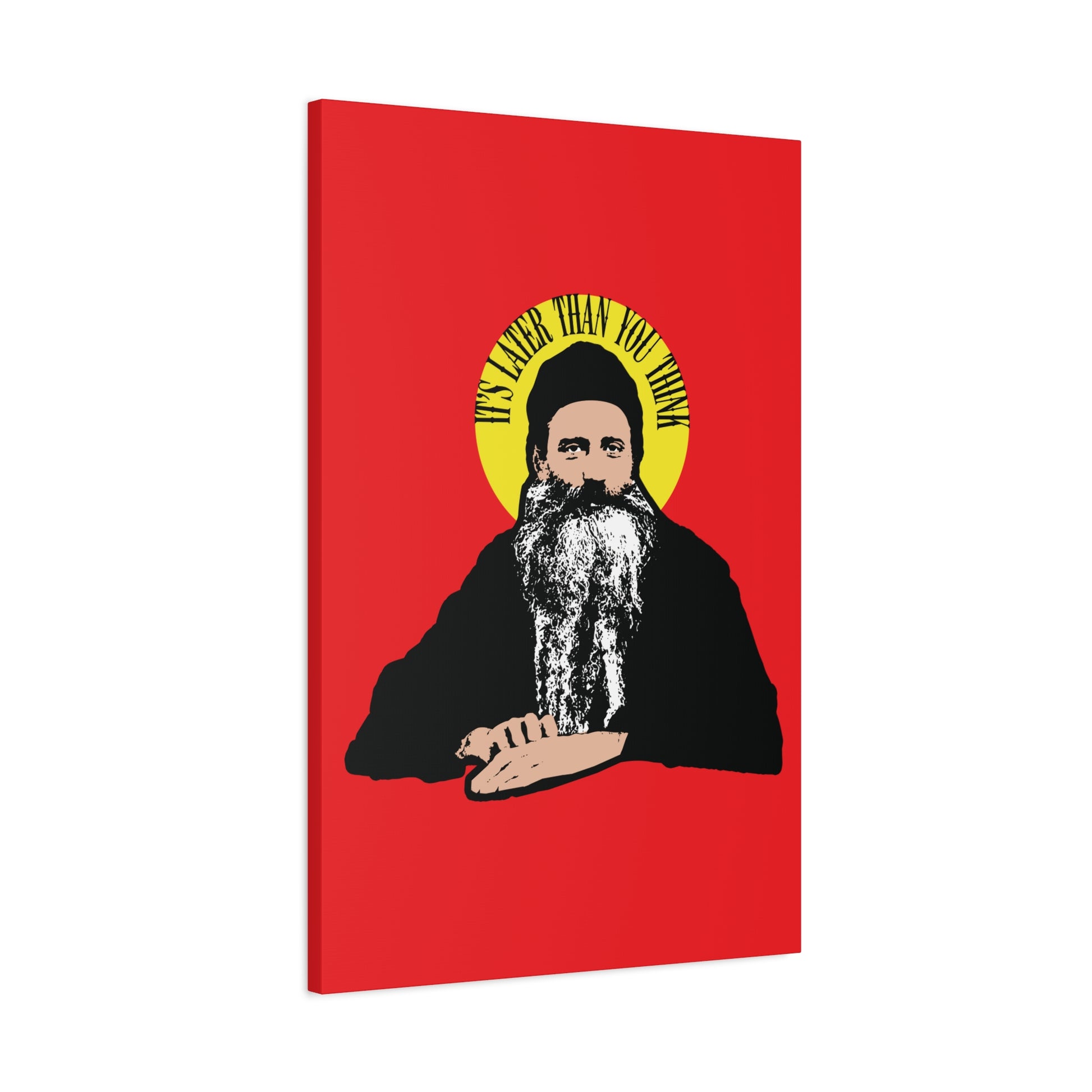 Modern Orthodox Christian wall art featuring a bearded saint with a yellow halo and the quote "IT'S LATER THAN YOU THINK" on a red background, inspired by Fr Seraphim Rose. Perfect for reflecting on life, death, and American Orthodox spirituality.