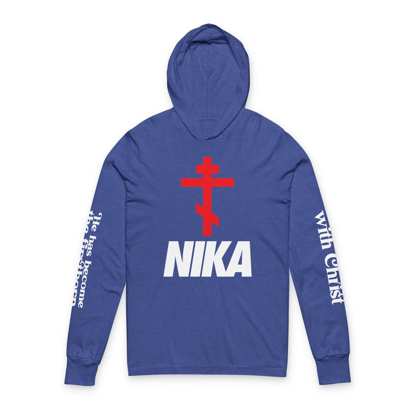 NIKA Orthodox Cross NIKE Logo Mashup | Crucified With Christ | Firstborn of the Dead | Sleeve Prints | Orthodox Long Sleeve Hooded Shirt