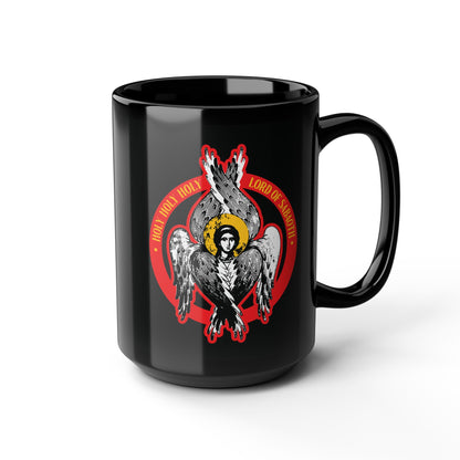 Black mug with Orthodox seraphim angel iconography and “Holy, Holy, Holy, Lord of Sabaoth” text, inspired by Isaiah 6. Christian design based on the Unseen Realm and Orthodox tradition.
