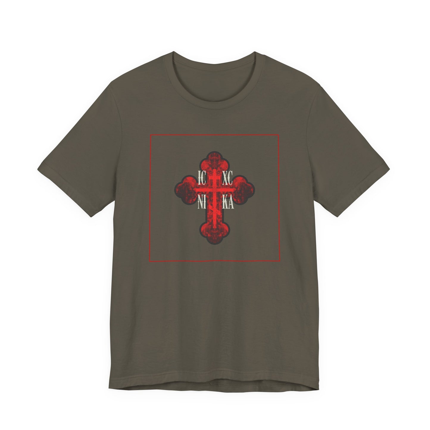 ICXC NIKA Red Glowing Ornate Textured Orthodox Cross | The Cross is the Symbol of Salvation | Christian Cotton Unisex Tee