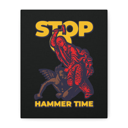 Illustration of St Marina of Antioch beating the devil with a hammer, with “Stop, Hammer Time” text. Modern Orthodox meme wall art in red, blue, and yellow. Christian decor inspired by legendary saints’ lives.