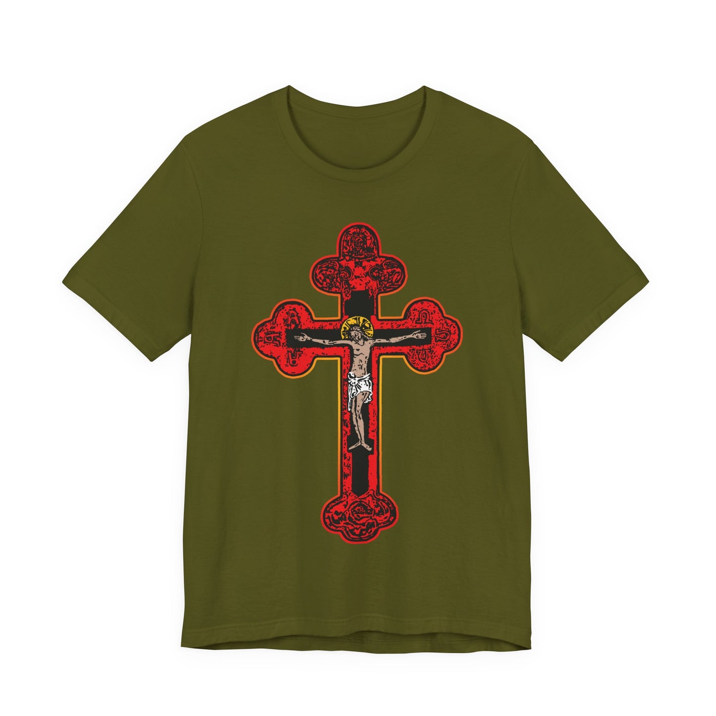 Olive Red Orthodox Christian Crucifix tee featuring a large Byzantine Golgotha Cross with Alpha & Omega symbols and "I Am Crucified With Christ" theme; unisex cotton design.