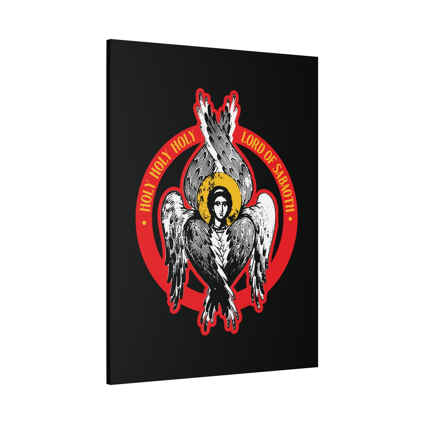 Illustration of a seraphim from Isaiah 6 with halo, red circle, and gold text on black. "Holy Holy Holy, Lord of Sabaoth" Orthodox Seraphim Angel IconoGraphic Christian Wall Art – Unseen Realm, Lord of Hosts.
