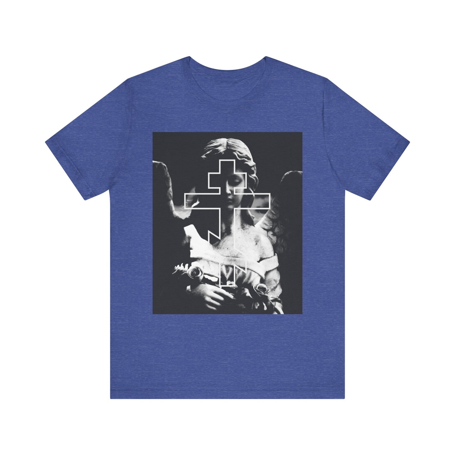 Heather True Royal lightweight cotton unisex tee featuring a grayscale Cemetery Angel with Orthodox cross, goth aesthetic, and "Remember You Will Die" memento mori theme.