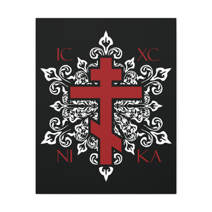 ICXC / NIKA Red Orthodox Cross on Ornate White Medieval Floral Design | Exclusive Best-Selling | Orthodox Christian Canvas Art