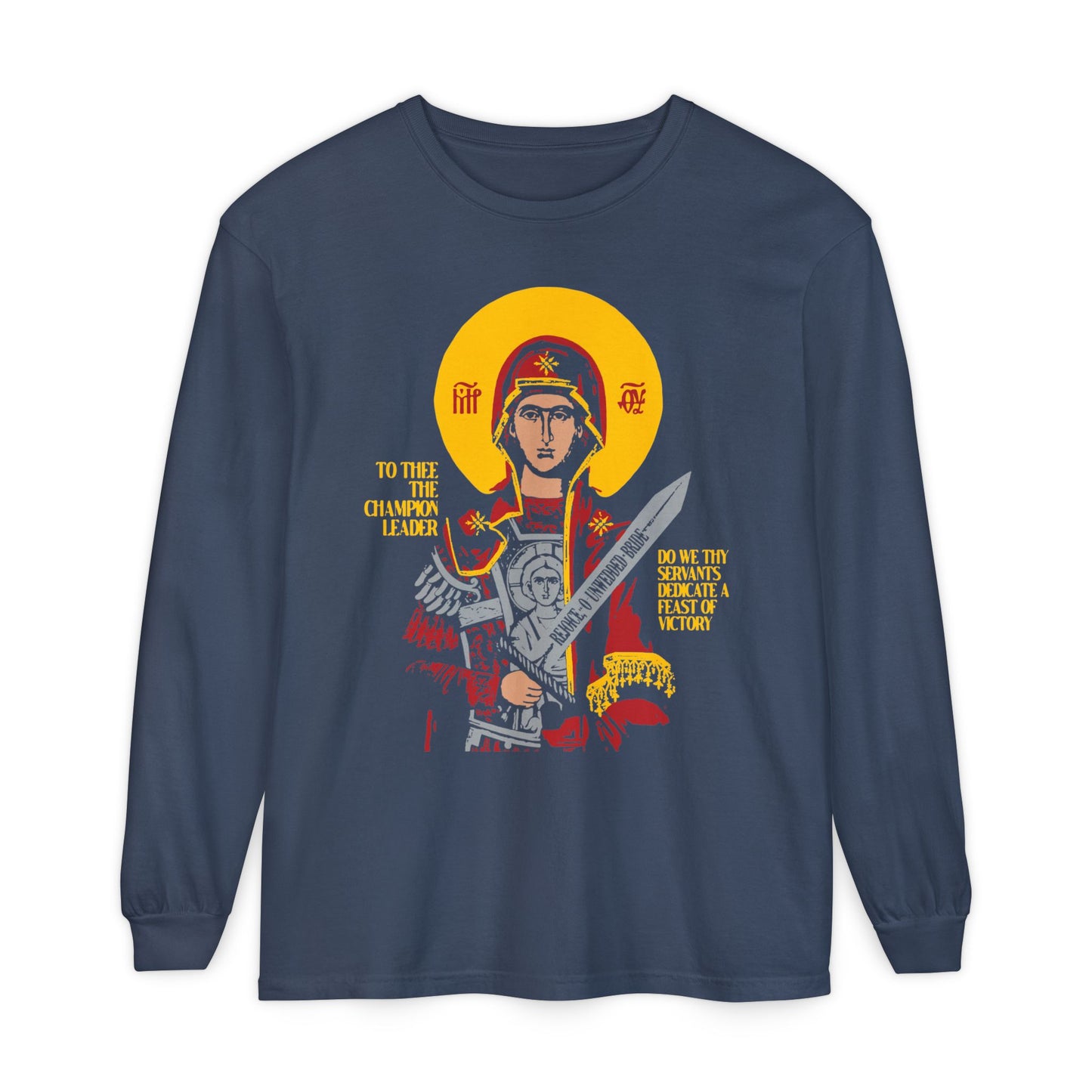 To Thee the Champion Leader | Mother of God | Theotokos with Sword IconoGraphic | Orthodox Christian Long Sleeve Shirt