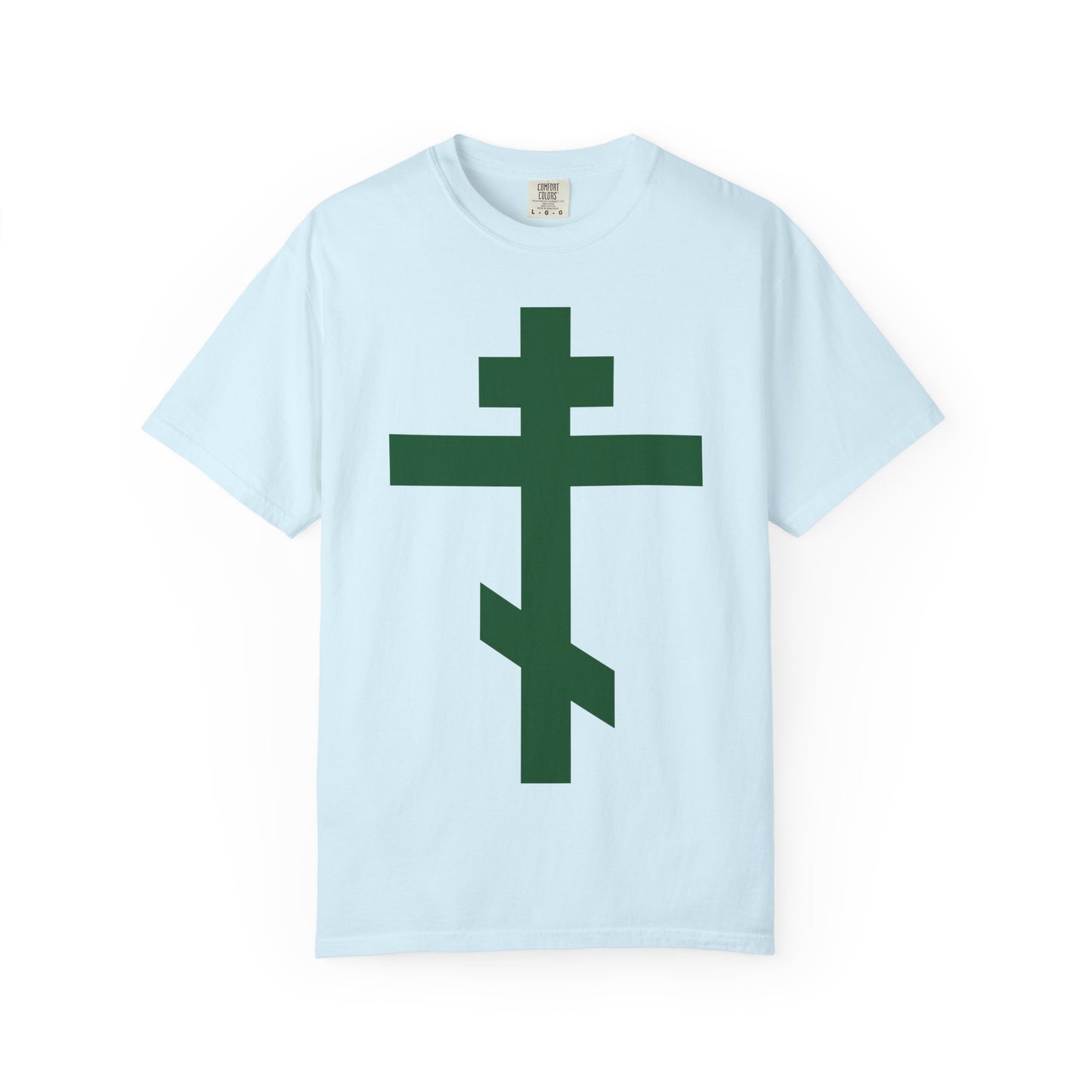 Chambray heavyweight cotton unisex tee featuring a large forest green Orthodox Tribar Cross design on the front, inspired by the Troparion of the Cross and St. John of Kronstadt, with “Preserve Thy People By Thy Cross, O Lord” and “Christ is King.”.