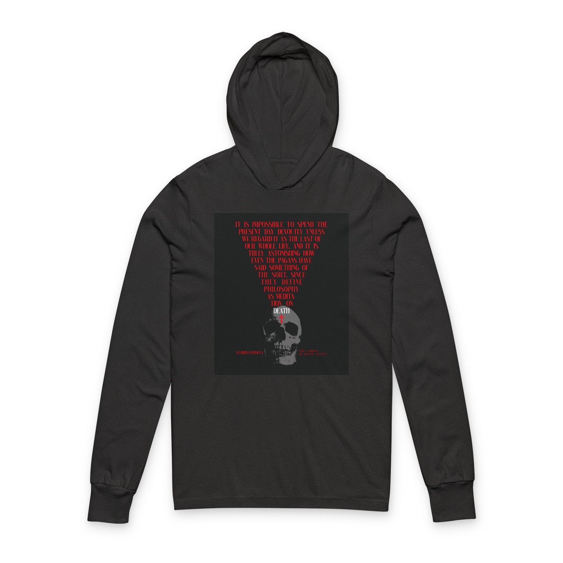Charcoal Black TriBlend hoodie featuring a white skull with a red Orthodox cross and "The Present Day As the Last Day of Our Life"—inspired by St John Climacus and memento mori.