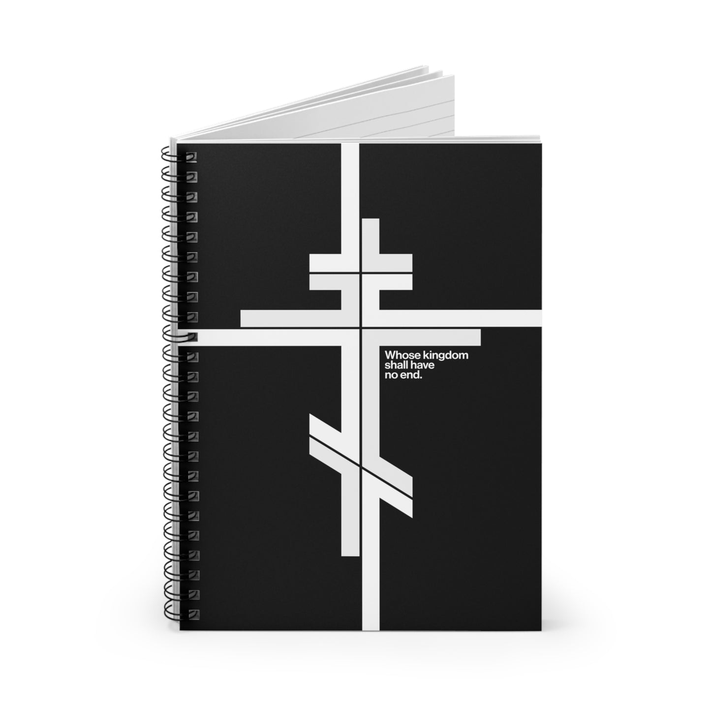 Modernist minimalist spiral notebook featuring an Orthodox Cross design and the text "Whose Kingdom Shall Have No End" from Luke 1:32-33—a stylish way to reflect on the enduring promise of Christ’s kingdom.