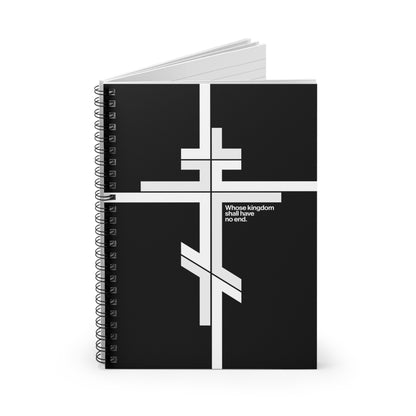 Modernist minimalist spiral notebook featuring an Orthodox Cross design and the text "Whose Kingdom Shall Have No End" from Luke 1:32-33—a stylish way to reflect on the enduring promise of Christ’s kingdom.