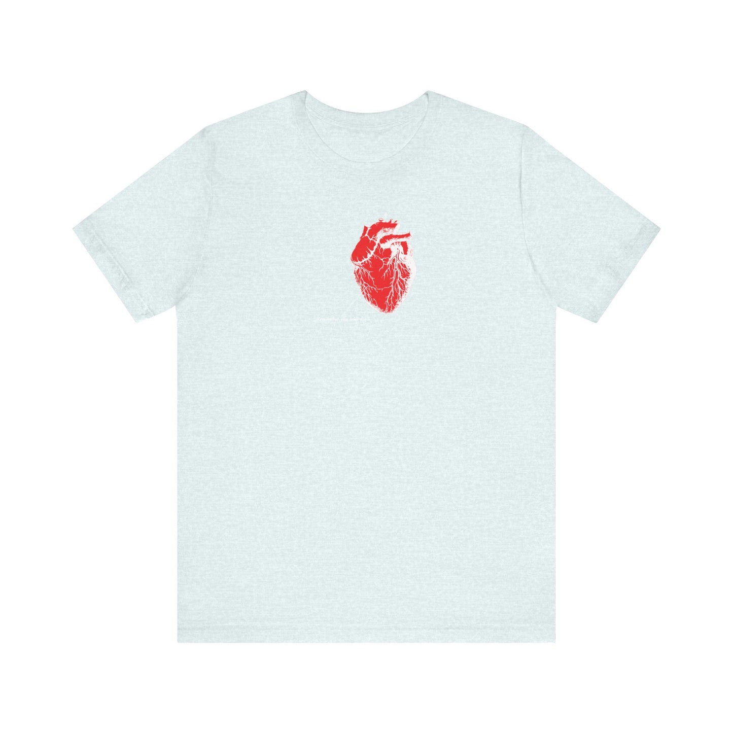 Heather Ice Blue lightweight cotton unisex T-shirt featuring an antique medical textbook heart design with inverted shadows, inspired by St John of the Ladder’s teachings on remembrance of death and spiritual mourning. Product name: "Remember You Will Die | Antique Medical Textbook Heart Design | Inverted Shadows.