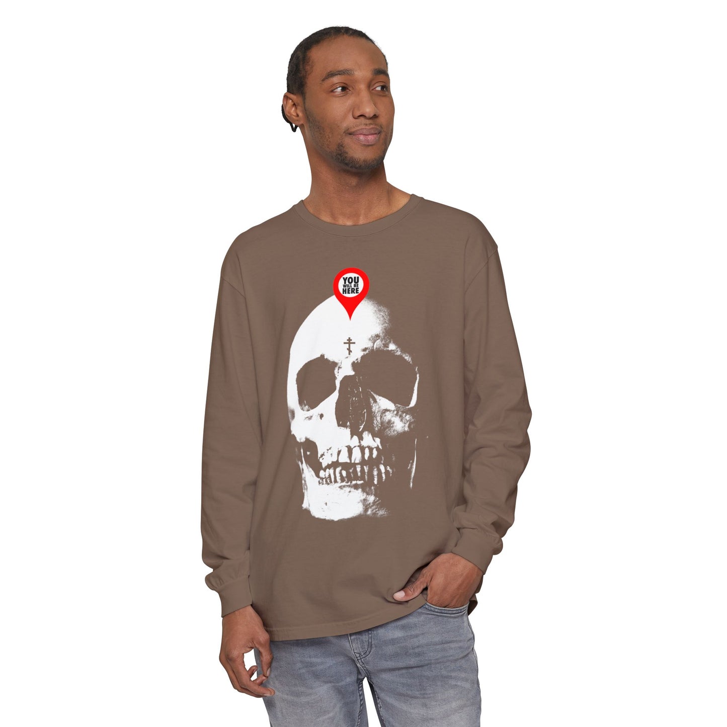 A man in the "You Will Be Here Maps Marker on Skull Design" Orthodox long sleeve, featuring a skull and red pin, reflects St. Ignatius Brianchaninov’s message: “What you are I once was. Remember you will die.” Memento Mori.