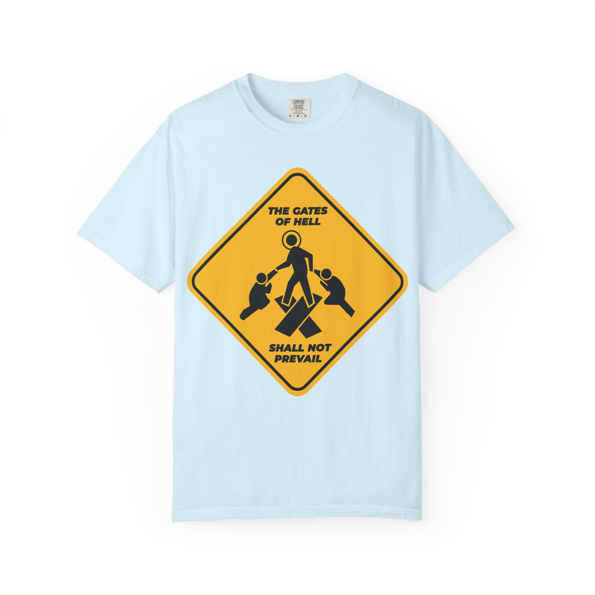 Chambray heavyweight cotton unisex tee featuring a minimalist yellow street sign graphic and the bold message: The gates of hell shall not prevail. This powerful Pascha icon, inspired by Isaiah 45:2-3 and the teachings of St. John Chrysostom on faith triumphing over darkness, serves as a meaningful reminder of trampling down death by death.