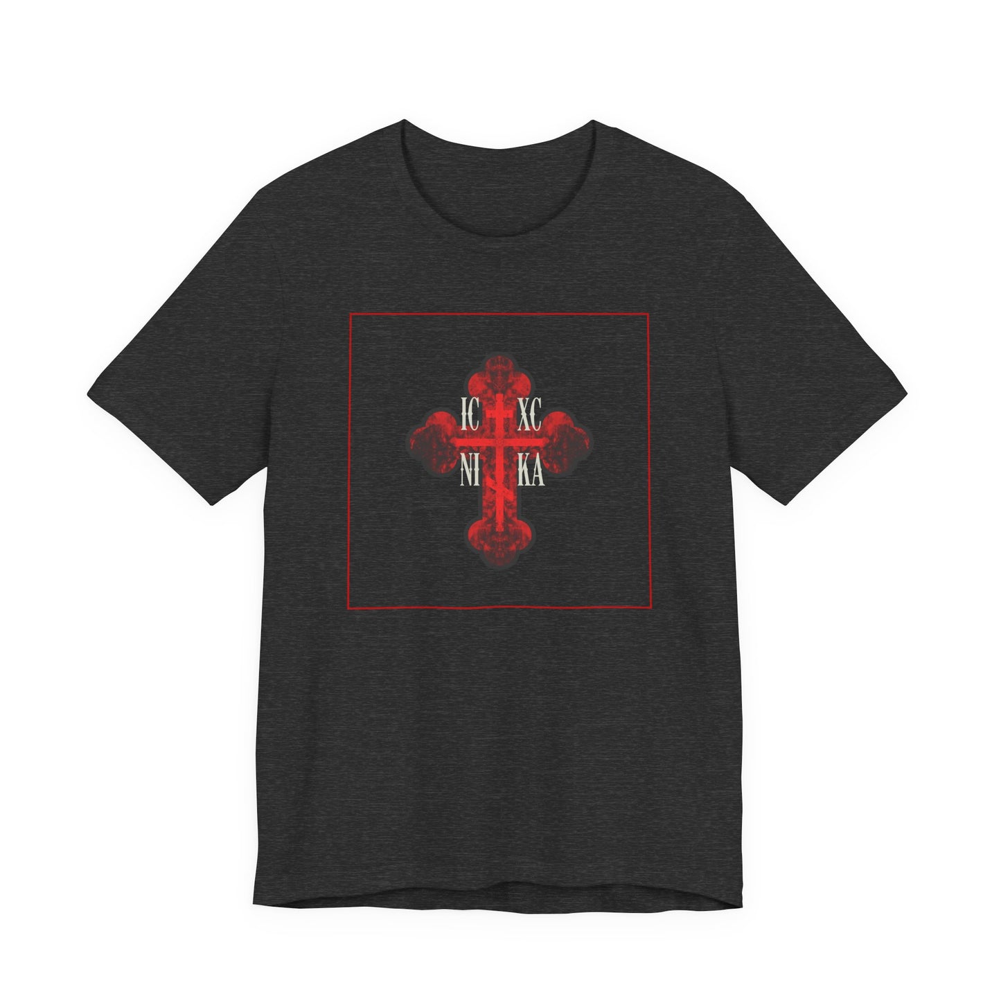 ICXC NIKA Red Glowing Ornate Textured Orthodox Cross | The Cross is the Symbol of Salvation | Christian Cotton Unisex Tee