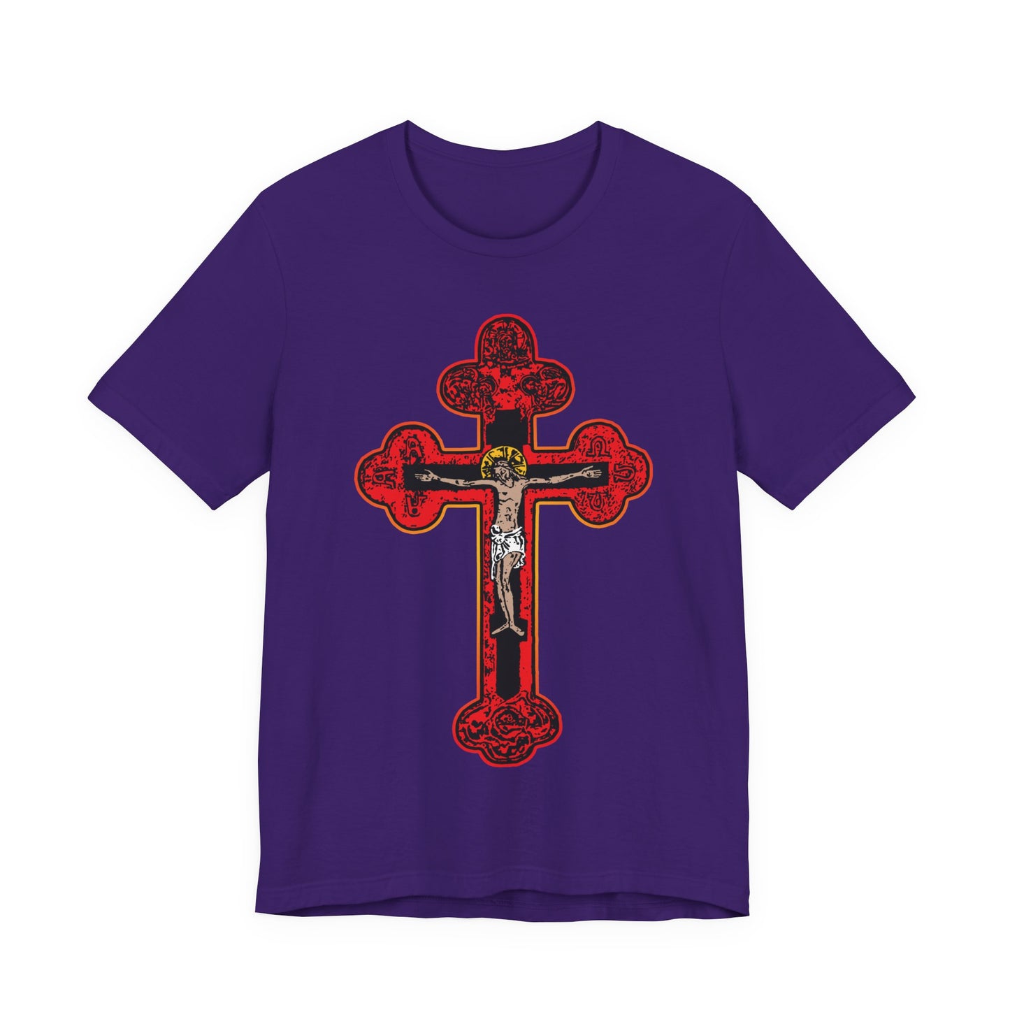 Team Purple unisex cotton tee featuring a red Orthodox Christian crucifix with Byzantine Golgotha cross, Alpha & Omega, and "I Am Crucified With Christ" design.