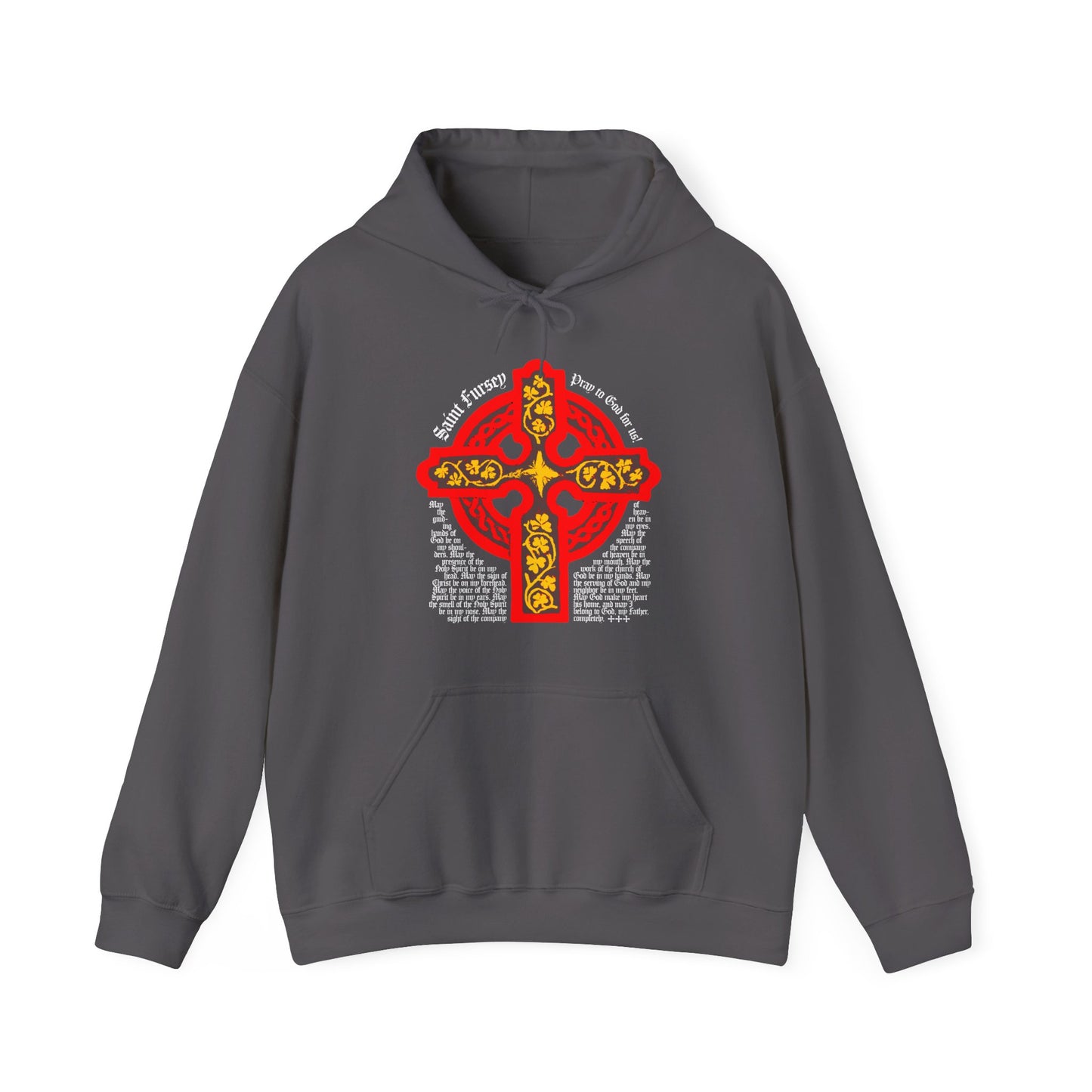 Charcoal hoodie featuring a red and yellow Celtic cross and the Prayer of St Fursey on the front, inspired by Irish Orthodox prayers. Lorica Shield design for Western Rite Orthodox Christians.