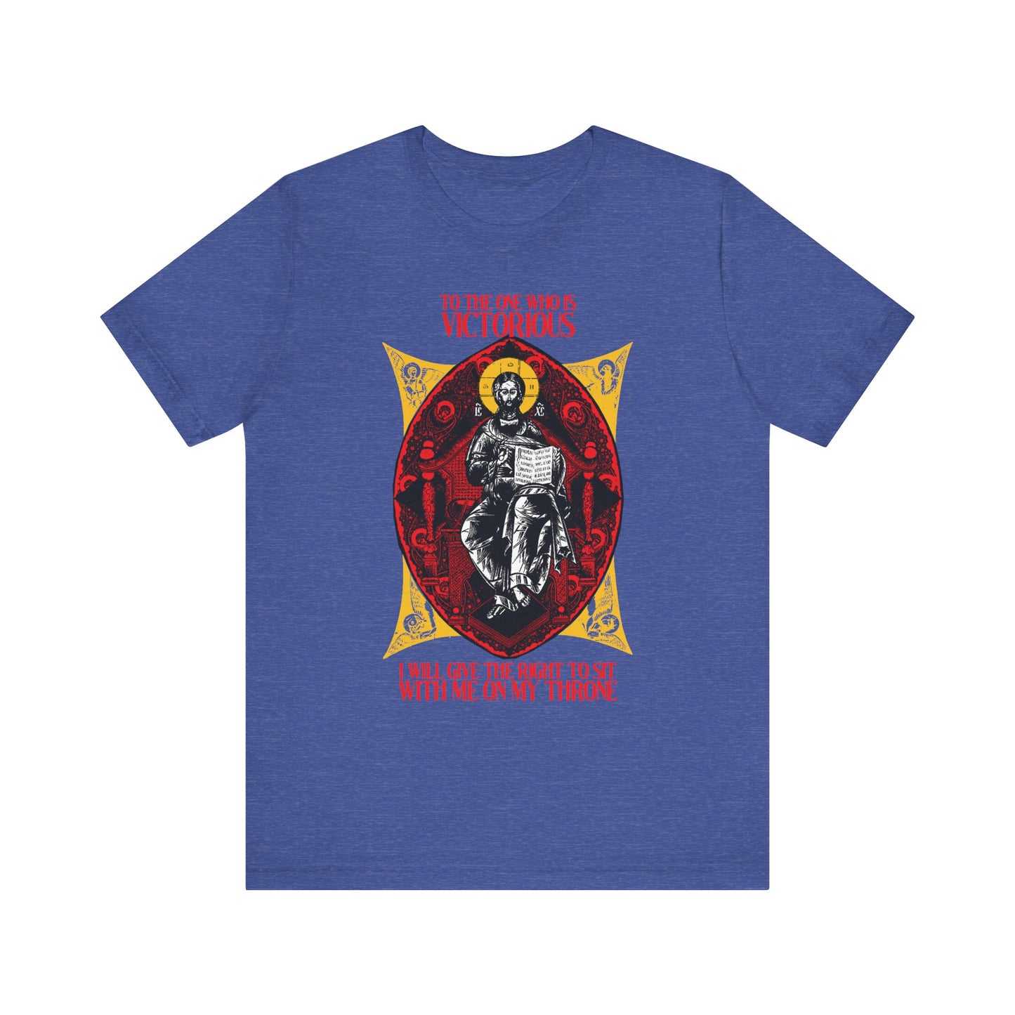 Heather True Royal tee featuring the "Christ is King, Enthroned In Glory IconoGraphic" with red "To the One Who Is Victorious" text (Rev 3:21). This Orthodox Christian unisex shirt symbolizes Christ’s heavenly reign. Lightweight cotton.