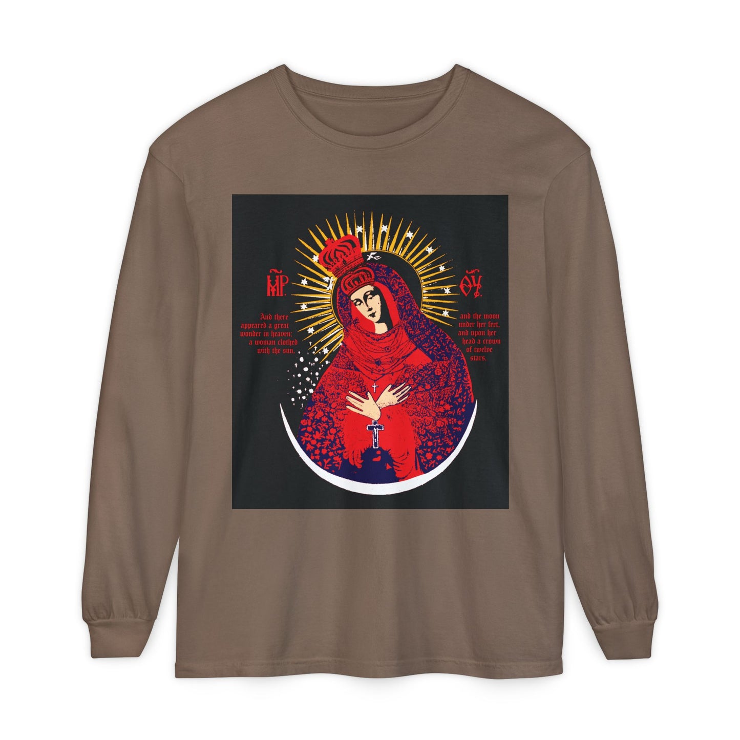 Espresso long-sleeve cotton shirt featuring the Our Lady the Gate of Dawn Icono-Graphic with crowned Theotokos, Woman of the Apocalypse motif, in radiant red, blue, and gold Orthodox design.