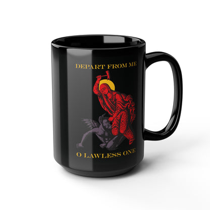 St Marina IconoGraphic (Depart from Me O Lawless One) | Saint Beating the Devil with a Hammer | Orthodox Christian Black Mug