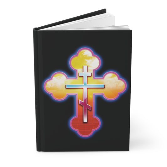 80s Synthwave Retrowave Outrun Aesthetic | Glowing & Reflective Gold & Red Three-Bar Cross | Orthodox Christian Accessory | Hardcover Journal-Remembrance of Death