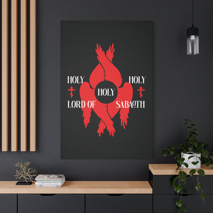 A modern room with a framed "Holy Holy Holy Lord of Sabaoth Red Seraphim Wings Orthodox Crosses" canvas featuring red seraphim, crosses, and Isaiah 6:3 from the Divine Council series.