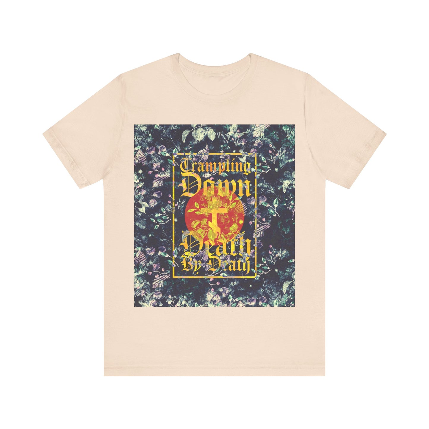 Trampling Down Death By Death | Paschal Floral Design with Gothic Script and Three-Bar Cross | Orthodox Christian T-Shirt