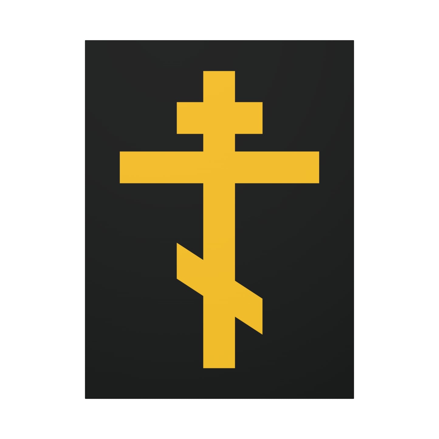 Yellow Orthodox Cross on Black Background | Precious and Life-Giving Weapon of Unseen Warfare, Scourge of Demons | Orthodox Canvas Art with three horizontal bars.