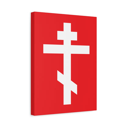 The "White Orthodox Cross Red Background" canvas art displays a white Russian Orthodox cross on red, inspired by Galatians 6:14: "May I never boast, except in the cross of our Lord Jesus Christ.
