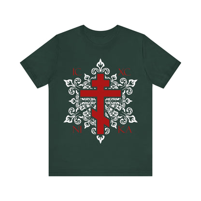 ICXC / NIKA Red Orthodox Cross on Ornate White Medieval Floral Design | Exclusive Best-Selling Orthodox Christian T-Shirt