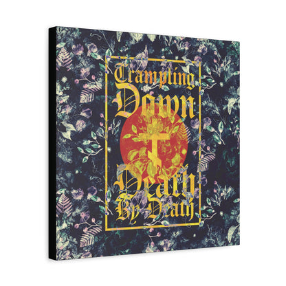 Trampling Down Death By Death | Paschal Floral Design with Gothic Script and Three-Bar Cross | Orthodox Christian Canvas Art