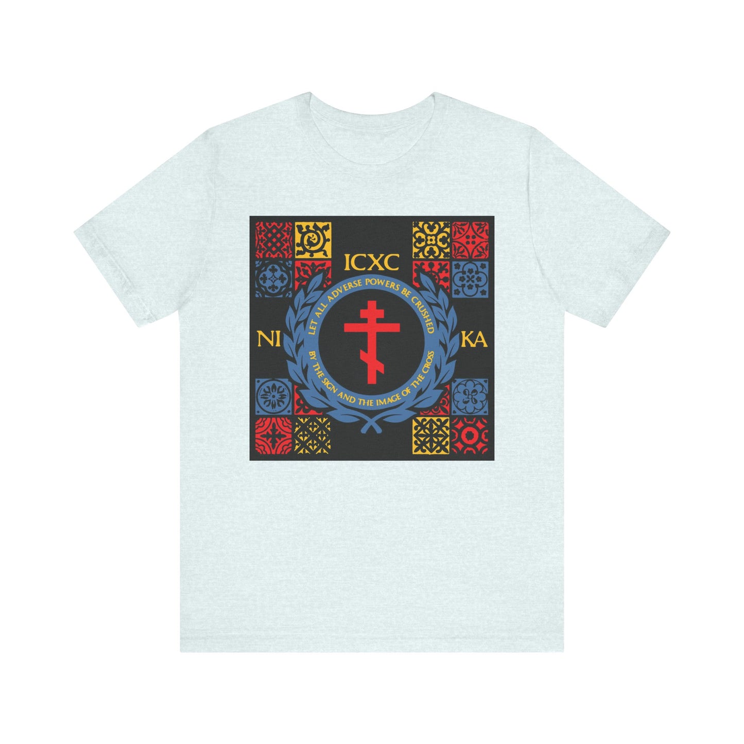 Heather ice blue unisex tee with a red, yellow, and blue medieval tile-style cross and ICXC NIKA text. Inspired by the Katavasia of the Cross and Moses at the Red Sea. Lightweight cotton for comfort.