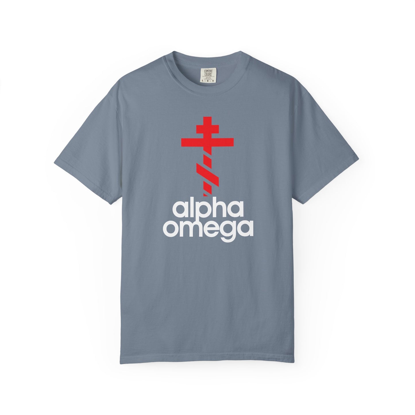 Blue Jean tee featuring a large red Orthodox double cross above the words “Alpha Omega” in bold white letters—a minimalist Adidas-inspired logo mashup that subtly nods to asceticism and the journey of Christian life.