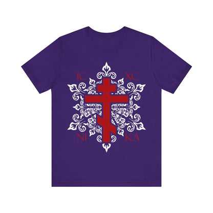 ICXC / NIKA Red Orthodox Cross on Ornate White Medieval Floral Design | Exclusive Best-Selling Orthodox Christian T-Shirt