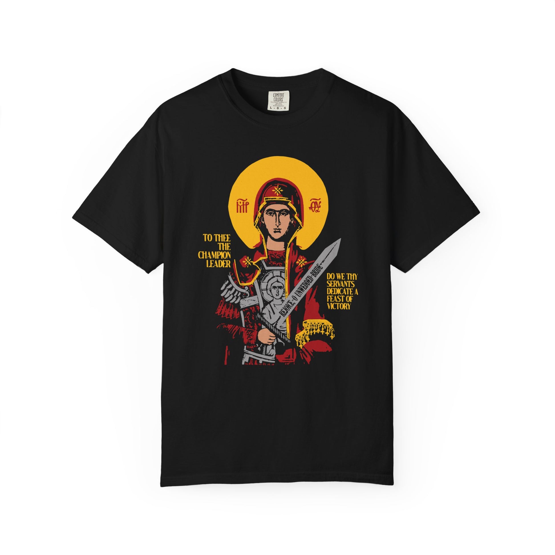 Black "To Thee the Champion Leader" heavyweight cotton t-shirt featuring a Theotokos with Sword iconographic illustration, yellow text, and subtle references to Angels and Divine Incarnation. Unisex Orthodox design.