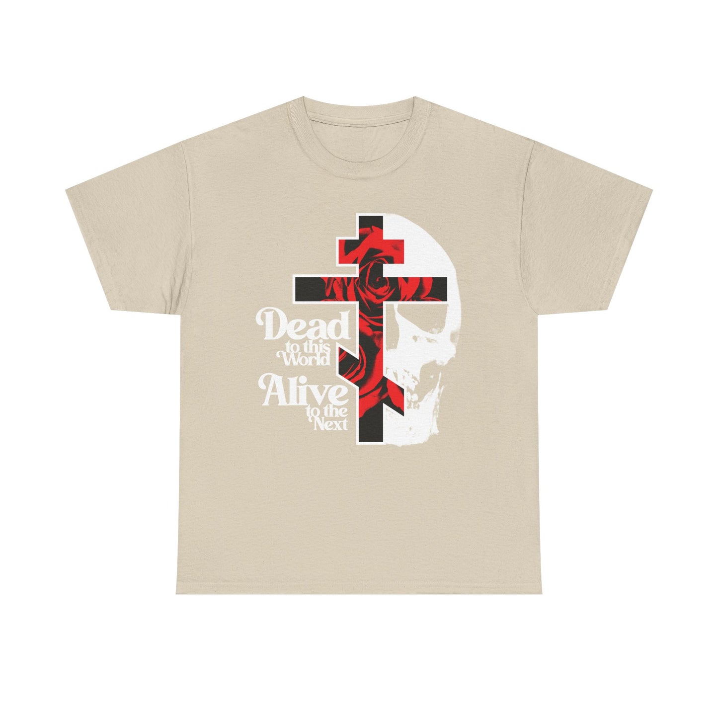 Sand heavy cotton t-shirt: "Dead to this World | Christian Goth Flower Cross & Skull" in 70s typography—Orthodox bestseller symbolizing renunciation and dispassion on the Ladder of Divine Ascent.