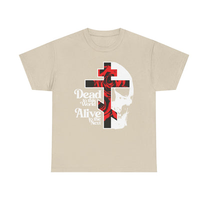 Sand heavy cotton t-shirt: "Dead to this World | Christian Goth Flower Cross & Skull" in 70s typography—Orthodox bestseller symbolizing renunciation and dispassion on the Ladder of Divine Ascent.