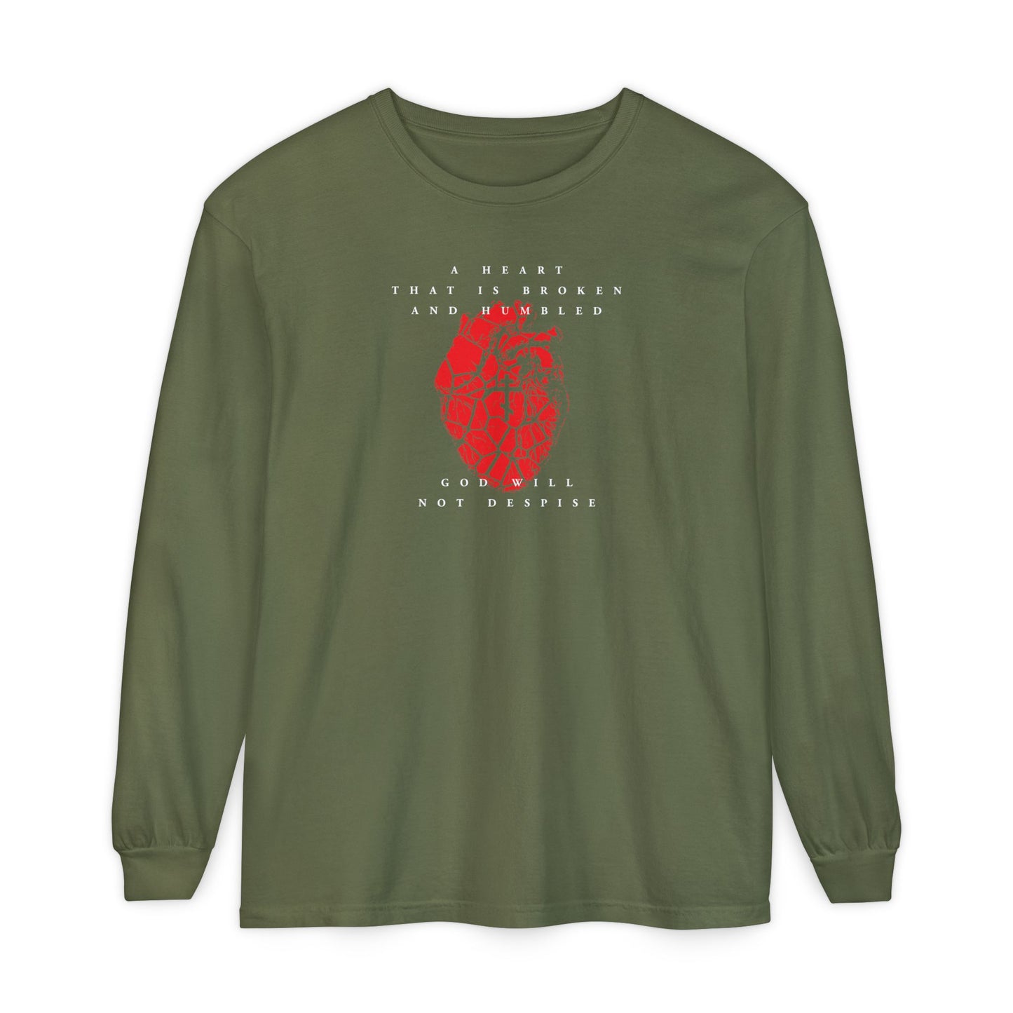 Hemp-colored long sleeve cotton shirt featuring a cracked red heart with Orthodox cross and white text: "A Heart That is Broken and Humbled God Will Not Despise," inspired by repentance and Psalm 51.