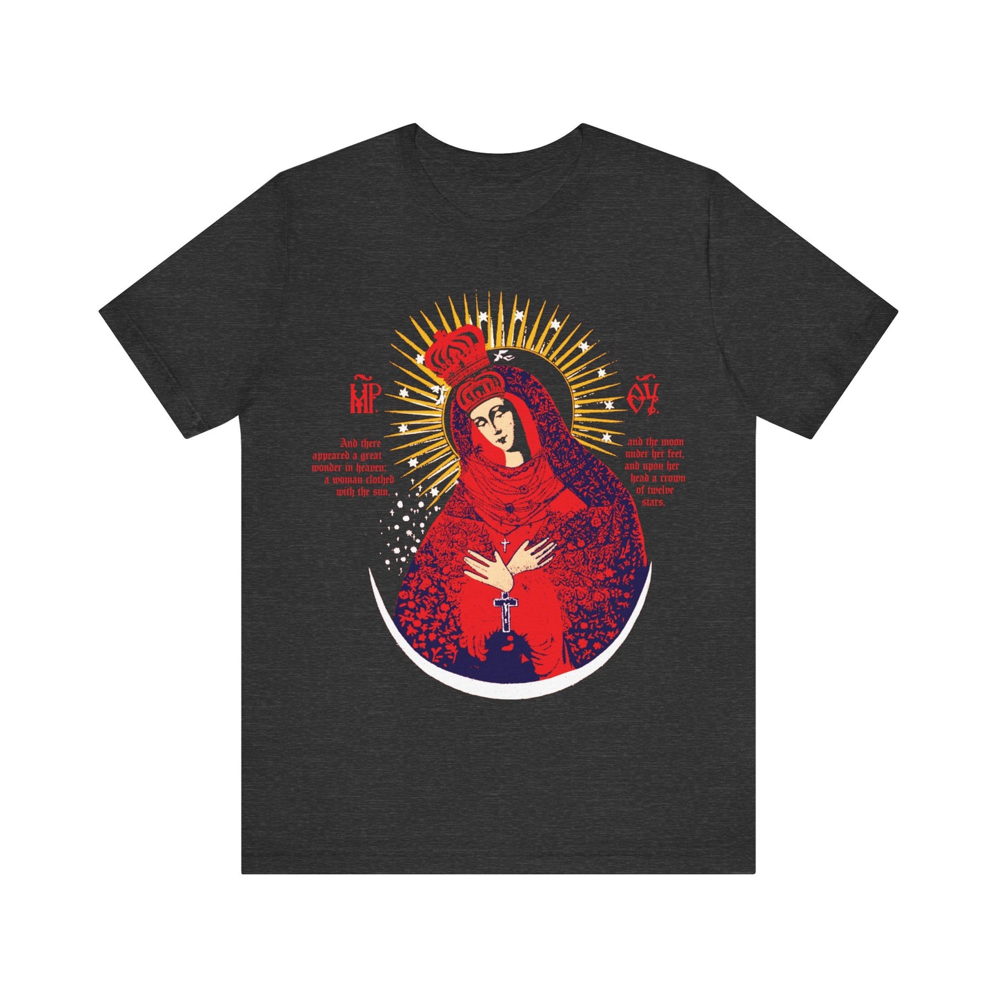 Dark Grey Heather T-shirt featuring the Our Lady the Gate of Dawn Icono-Graphic design, with a red, blue & gold Theotokos Crowned illustration—celebrating Lithuanian Orthodox tradition.