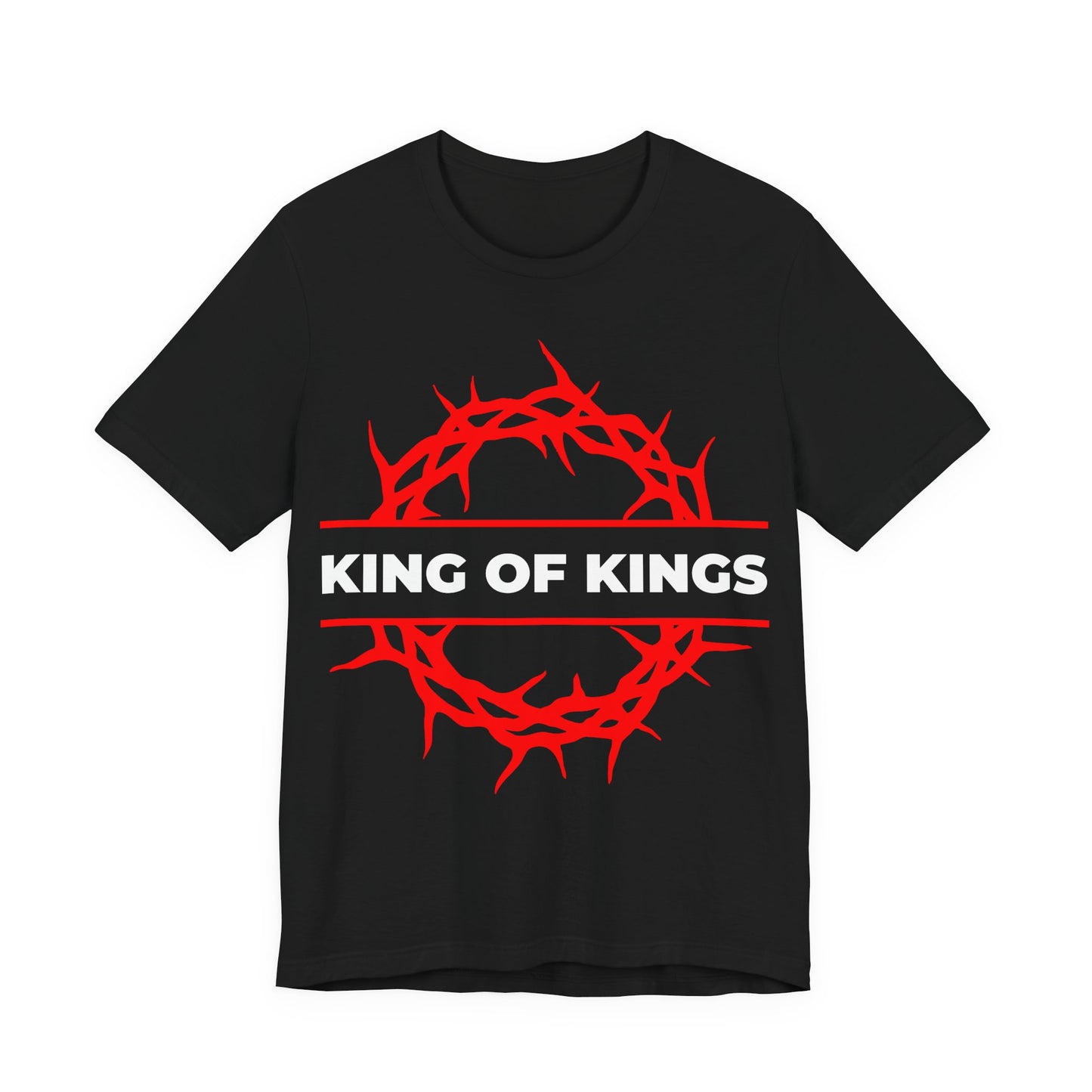 Black unisex cotton tee featuring a red crown of thorns and bold KING OF KINGS text, inspired by Revelation 19:16. Celebrate Christ as King of Glory with this Orthodox Christian shirt.