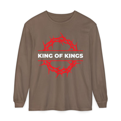 Espresso long sleeve shirt featuring a red crown of thorns and KING OF KINGS text in white, inspired by Revelation 19:16. King of Kings Crown of Thorns | The King of Glory | Christ is King Christian cotton shirt.