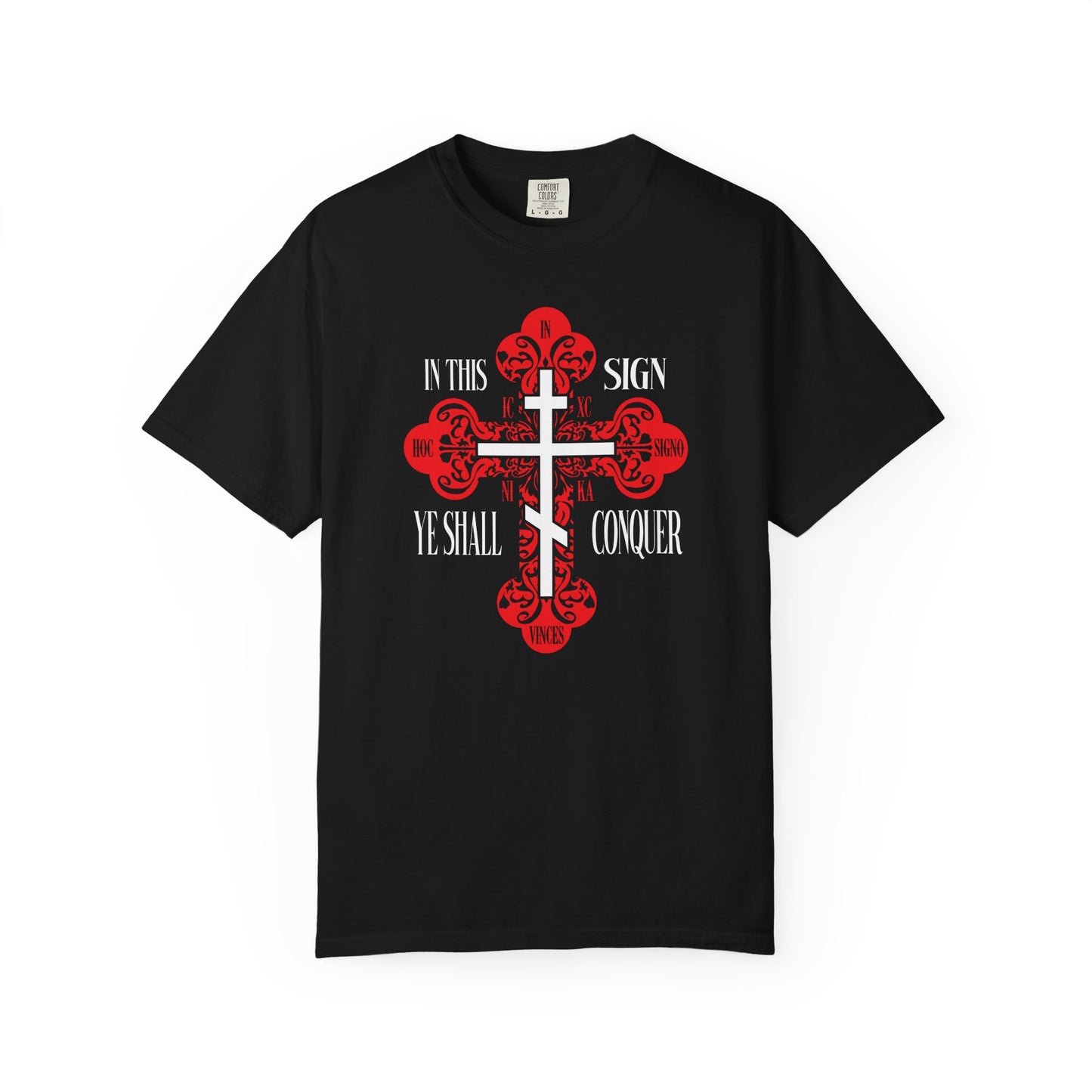 Black heavyweight cotton unisex t-shirt featuring a red ornate Orthodox cross and "In This Sign Ye Shall Conquer"—ideal for those inspired by Christ Conquers and Orthodox Christian symbolism.