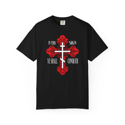Black heavyweight cotton unisex t-shirt featuring a red ornate Orthodox cross and "In This Sign Ye Shall Conquer"—ideal for those inspired by Christ Conquers and Orthodox Christian symbolism.