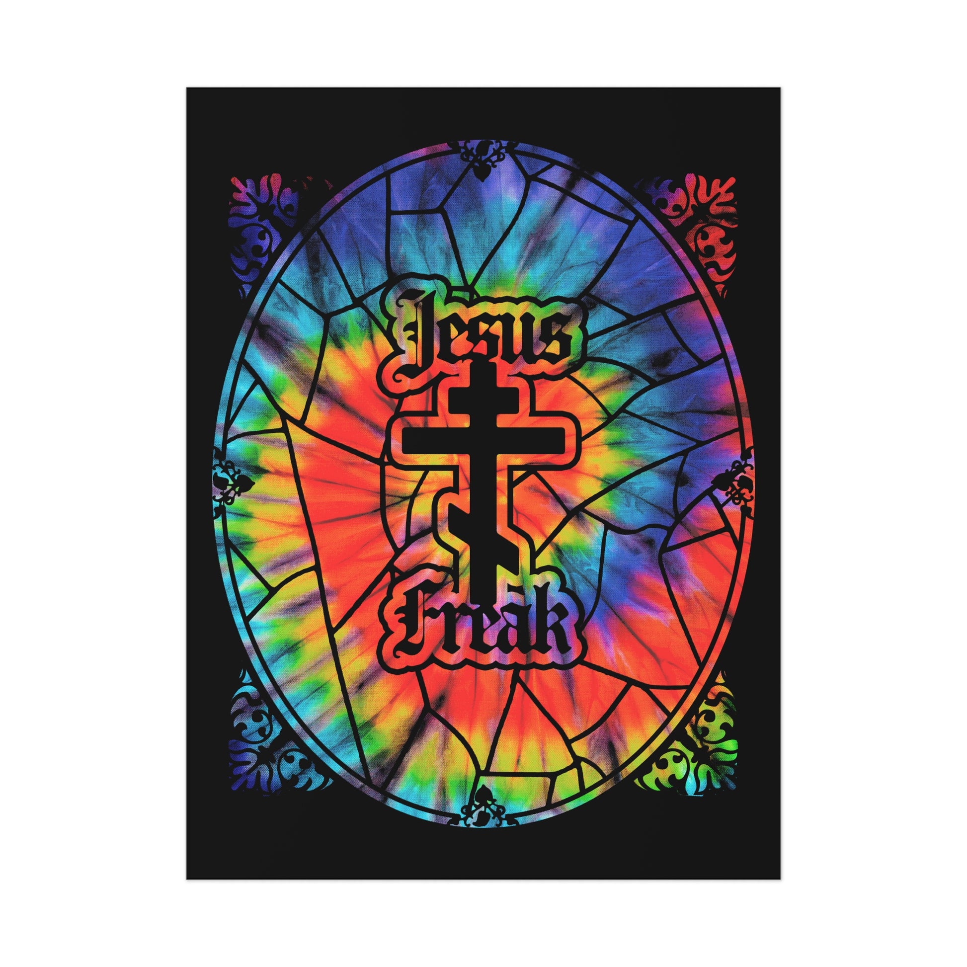 Featuring a tie-dyed stained glass window design with an Orthodox cross and "Jesus Freak" in gothic font, this Christian art poster is inspired by the bold 70s Jesus Movement hippie spirit.