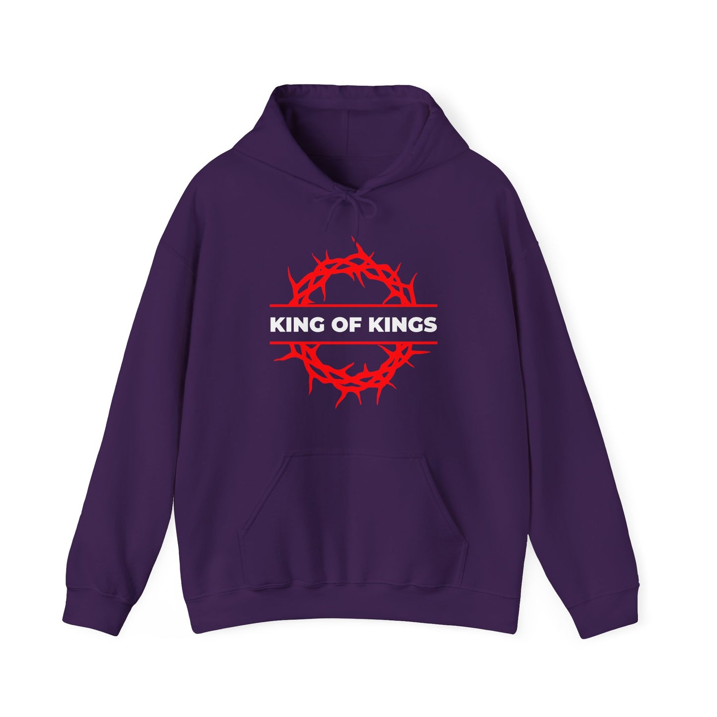 Purple "King of Kings Crown of Thorns" Orthodox Christian hoodie, featuring a red crown of thorns and bold KING OF KINGS text, inspired by Revelation 19:16 where Christ is hailed as the King of Glory.